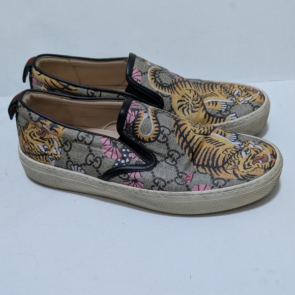 Gucci Shoes - GUCCI GG Supreme Monogram Logo Bengal Tiger Dublin Slip-On Sneakers pink 36.5